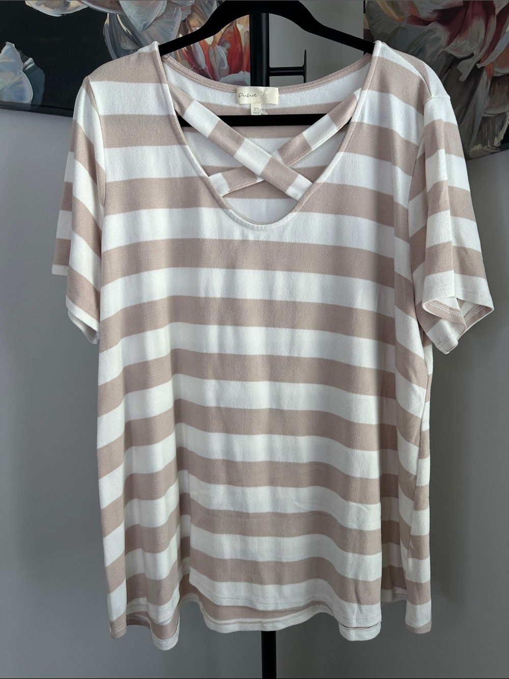 Striped Crisscross V-Neck Short Sleeve Tee - Blush/Cream